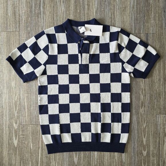 Nike Checkers Polo Golf Sweater Shirt Midnight Navy Sail Men's Small FN3422-410